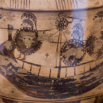 Nave che si prepara a un attacco. Cratere di Aristhonotos (VII s. a.C.).