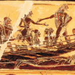 Vaso François (cratere attico a figure nere, 570/65 a.C. ca.), dettaglio della nave di Teseo. Si nota l’albero smontato e adagiato sulla ι, verso poppa.