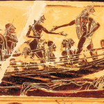 Vaso François (cratere attico a figure nere, 570/65 a.C. ca.), dettaglio della nave di Teseo. Si nota l’albero smontato e adagiato sulla ι, verso poppa.